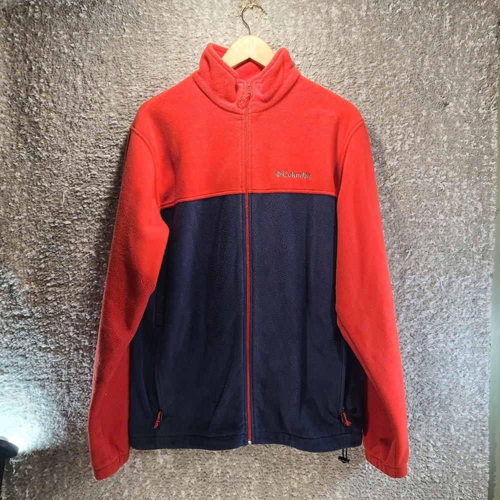 Columbia Mens Full Zip Fleece Jacket Red Navy Blue Color Block L Outdoor Preppy
